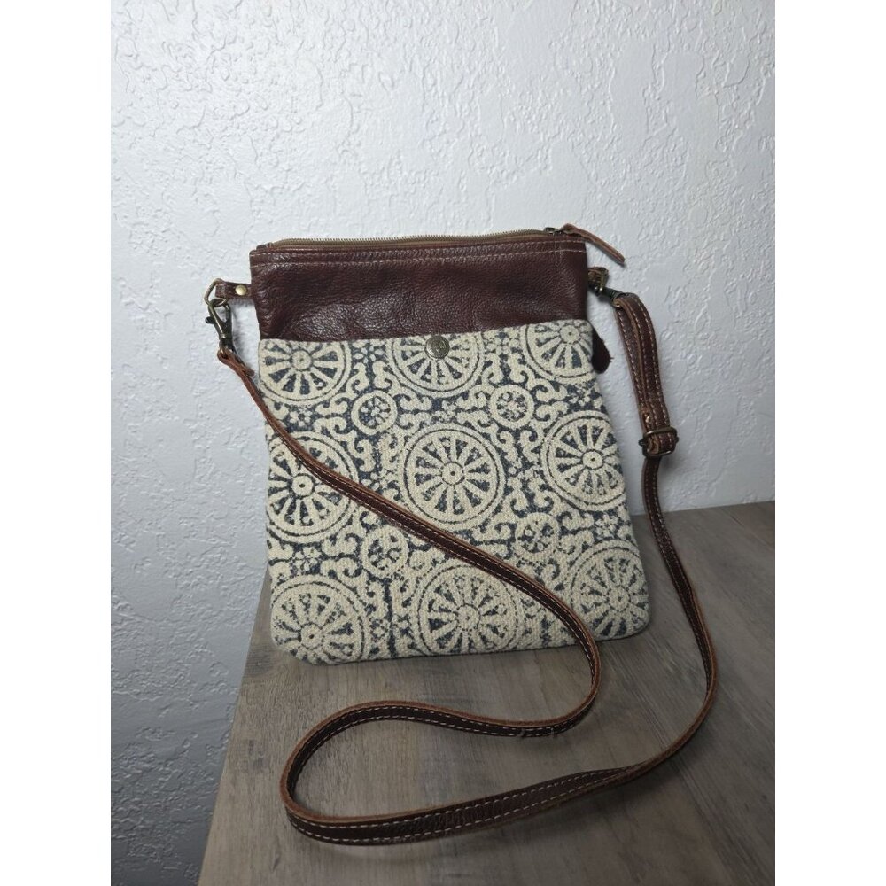 Myra Bags Canvas Leather Crossbody Bag Southwest Aztec Indigo Blue Brown